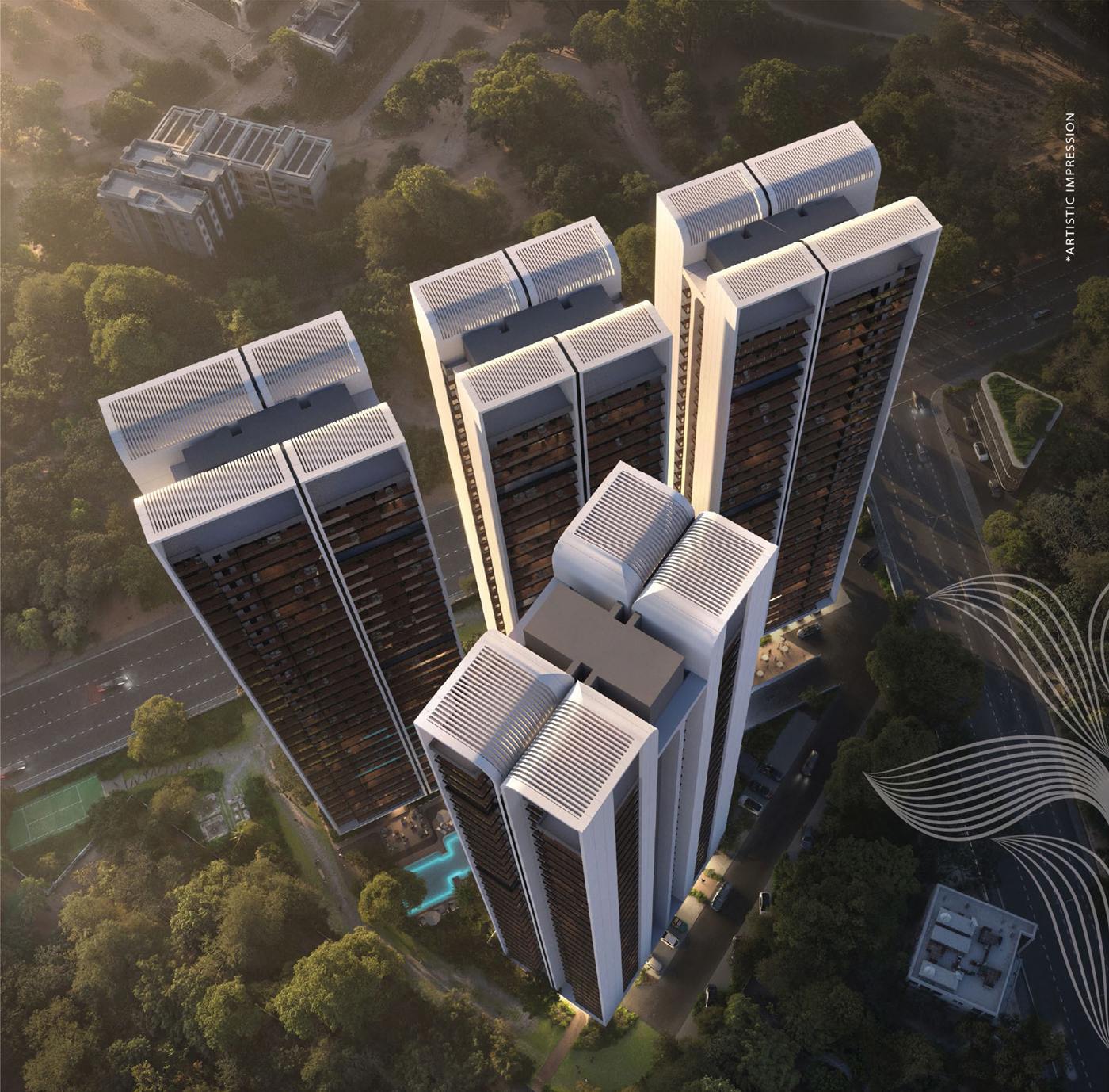 Aerial view of the towers set in greenery
