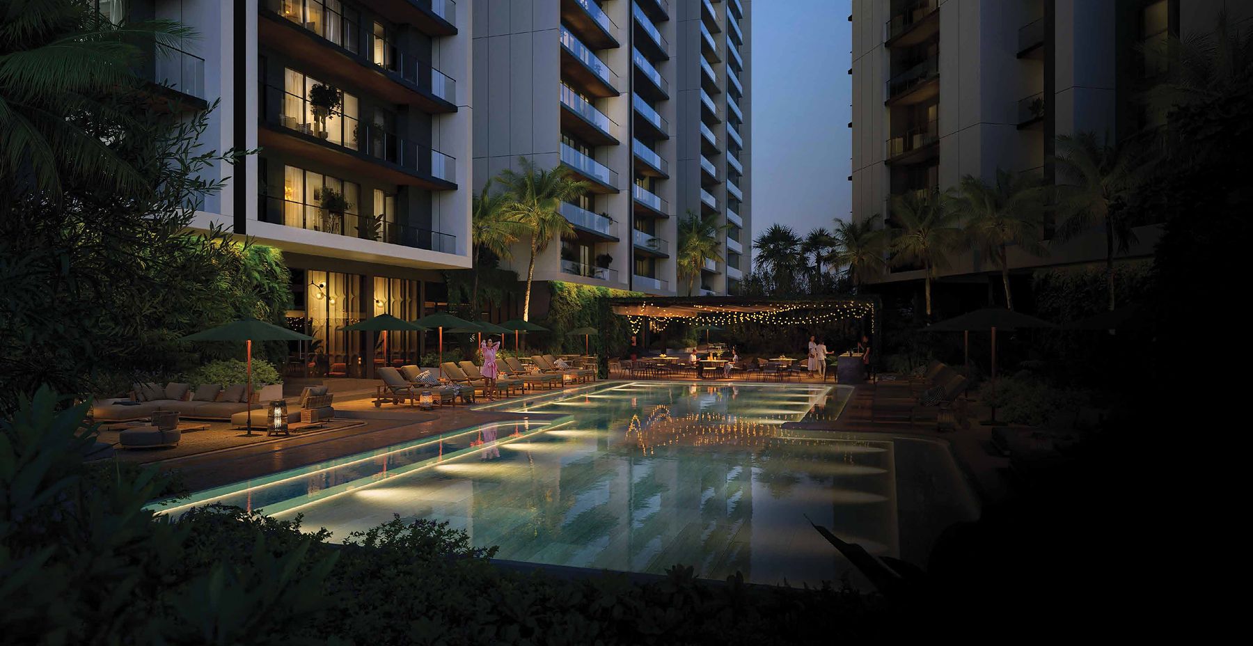 The Skyline Pool Lounge between the towers at dusk (artistic impression)