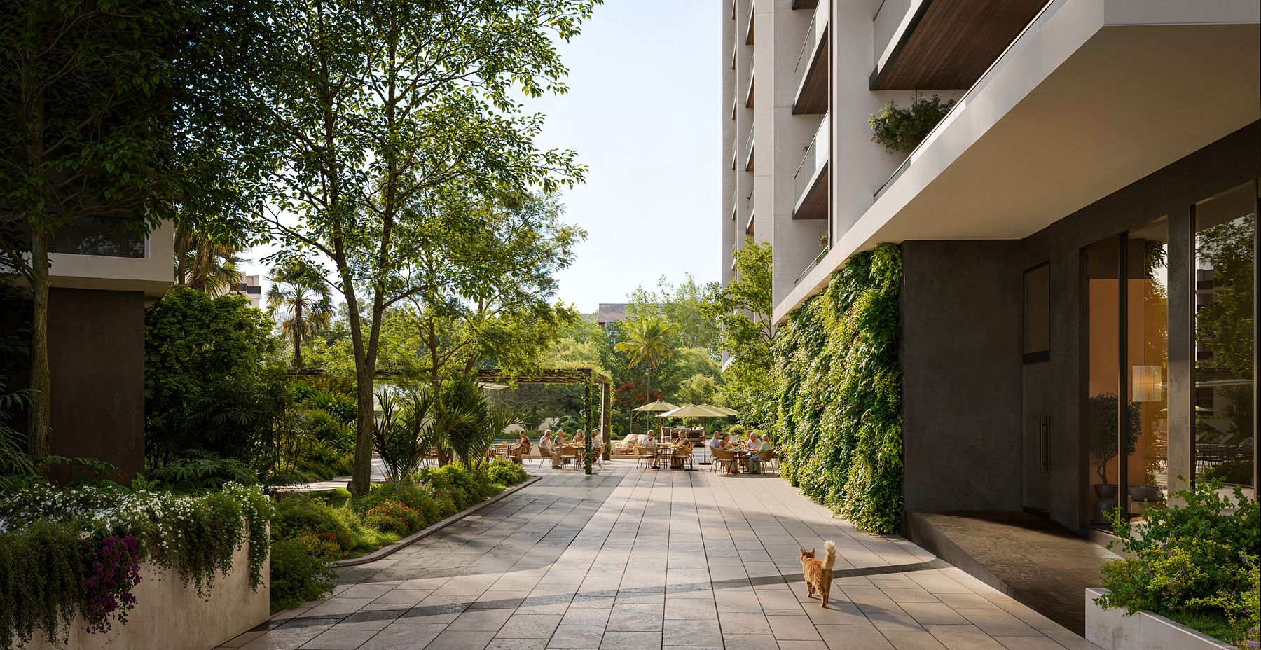 The landscaped Wellness Trail beside the towers (artistic impression)
