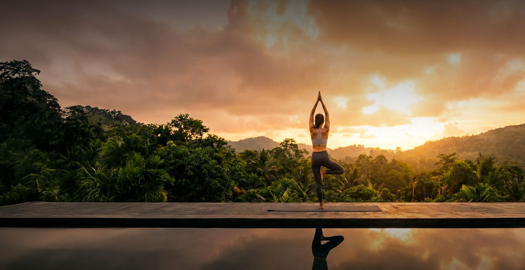 Sunrise yoga on a deck overlooking the Aravalli forest (artistic impression)