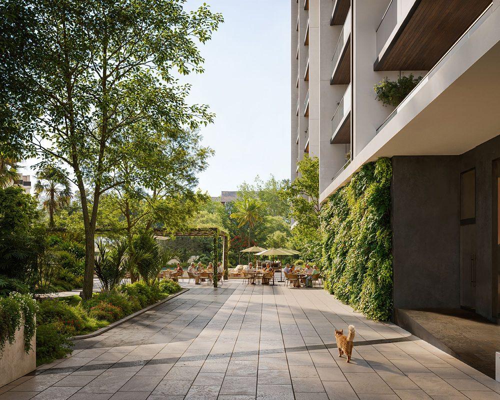 Calm landscaped walkway beside the towers (artistic impression)