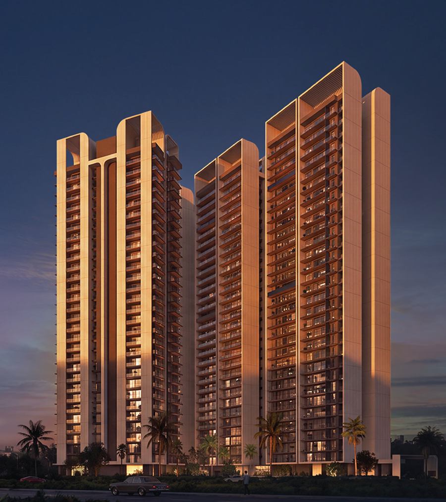 The four towers of The Aerth lit at dusk